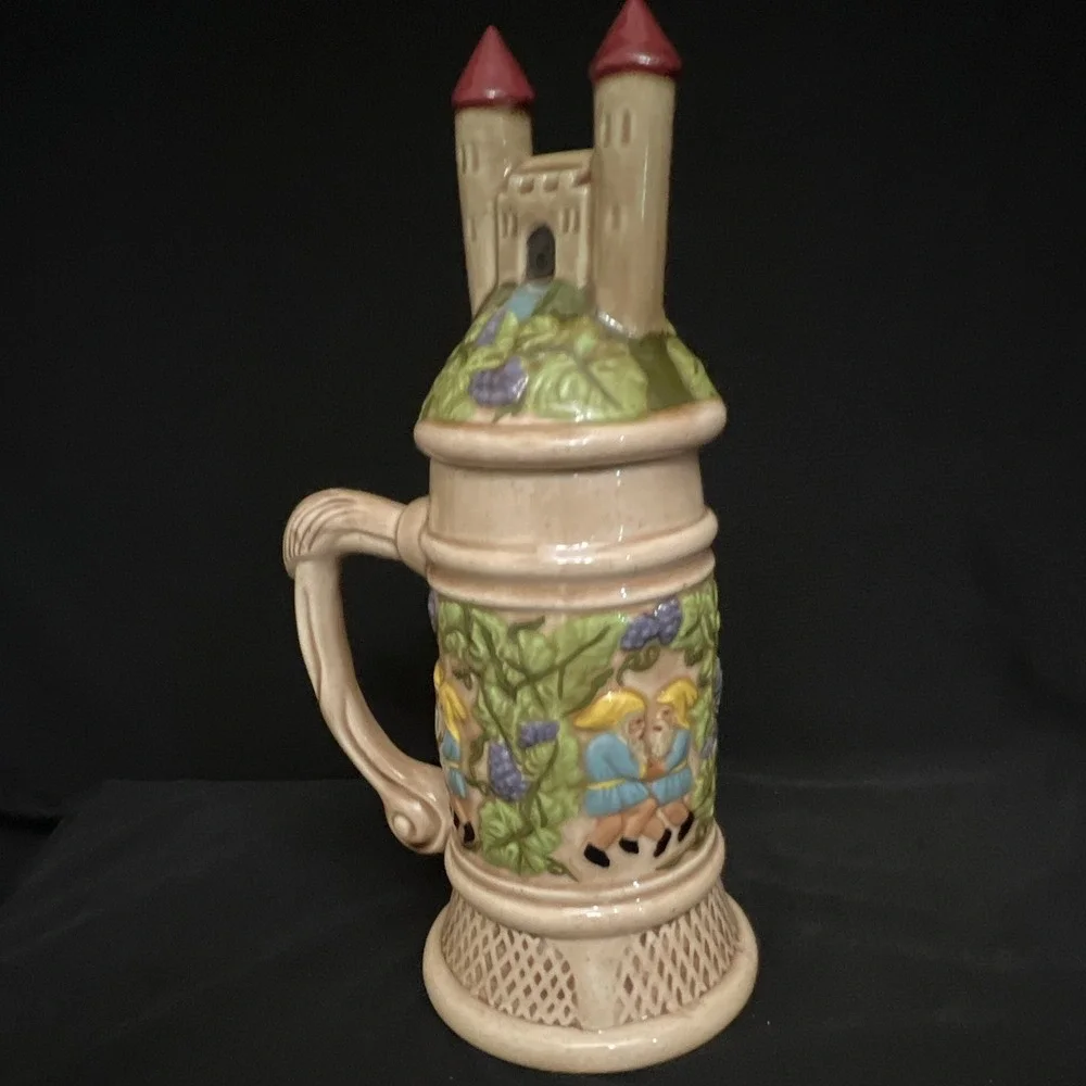 Vintage Judy Baker 1975 Breweriana Beer Stein with Figural Castle Lid Grapevine